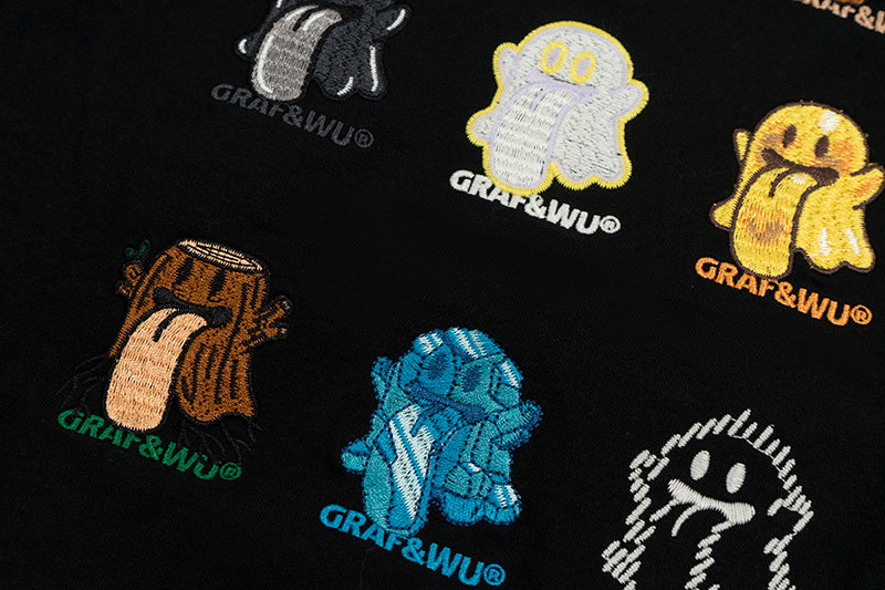 GRAF&WU T-Shirts 12 Natural Elements Cute Ghost Design T-Shirts Tai Chi Pattern Summer T-Shirt Embroidered Cotton Short Sleeve