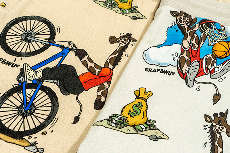 GRAF&WU Giraffe Cartoon Graphic Shorts Casual Streetwear