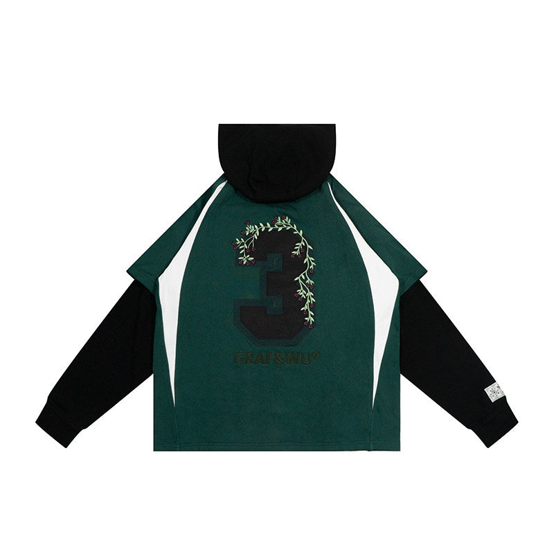 GRAF&WU Blokecore Floral Embroidery Thin Layered Look Jersey Hoodie