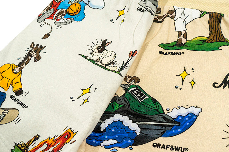 GRAF&WU Giraffe Cartoon Graphic Shorts Casual Streetwear