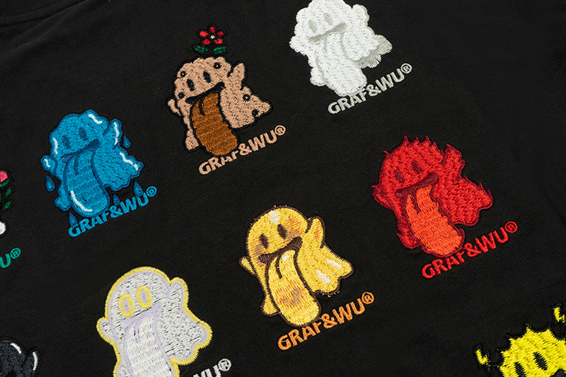 GRAF&WU T-Shirts 12 Natural Elements Cute Ghost Design T-Shirts Tai Chi Pattern Summer T-Shirt Embroidered Cotton Short Sleeve