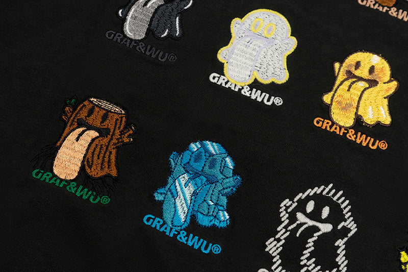 GRAF&WU T-Shirts 12 Natural Elements Cute Ghost Design T-Shirts Tai Chi Pattern Summer T-Shirt Embroidered Cotton Short Sleeve