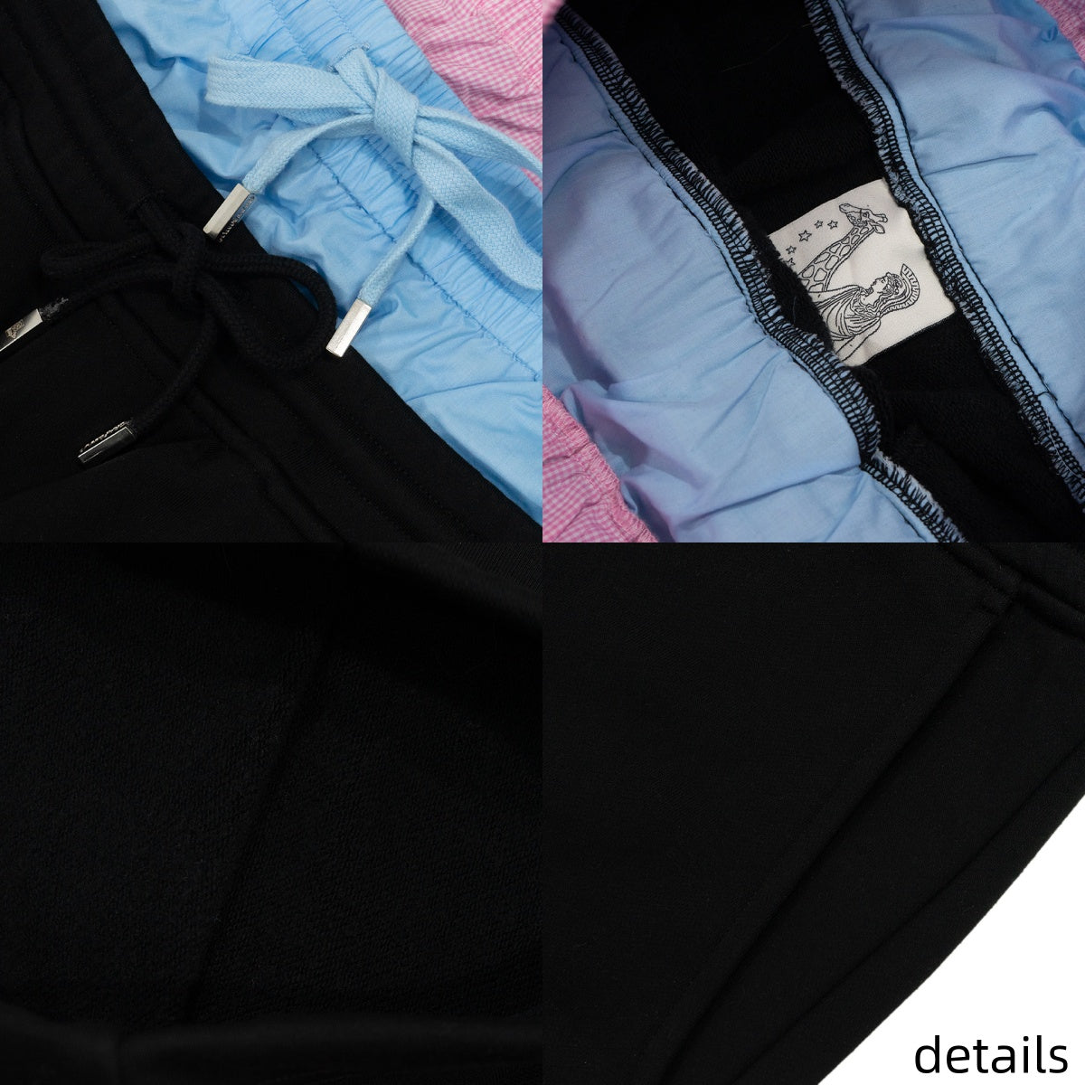 GRAF&WU Colorblock Waist Lucky Goddess Embroidery Cotton Sweatpants