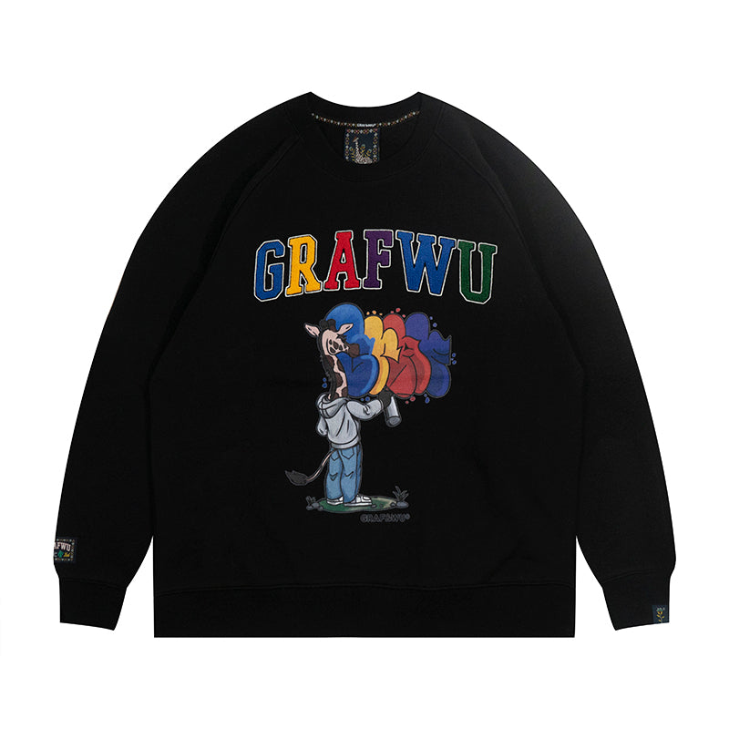 GRAF&WU Street Activity Giraffe Retro Thin Fleece Crewneck Sweatshirt