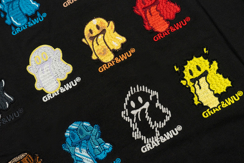 GRAF&WU T-Shirts 12 Natural Elements Cute Ghost Design T-Shirts Tai Chi Pattern Summer T-Shirt Embroidered Cotton Short Sleeve