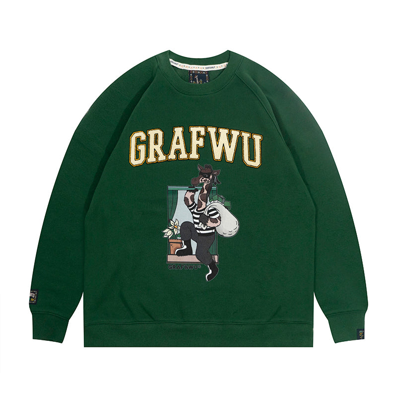 GRAF&WU Street Activity Giraffe Retro Thin Fleece Crewneck Sweatshirt