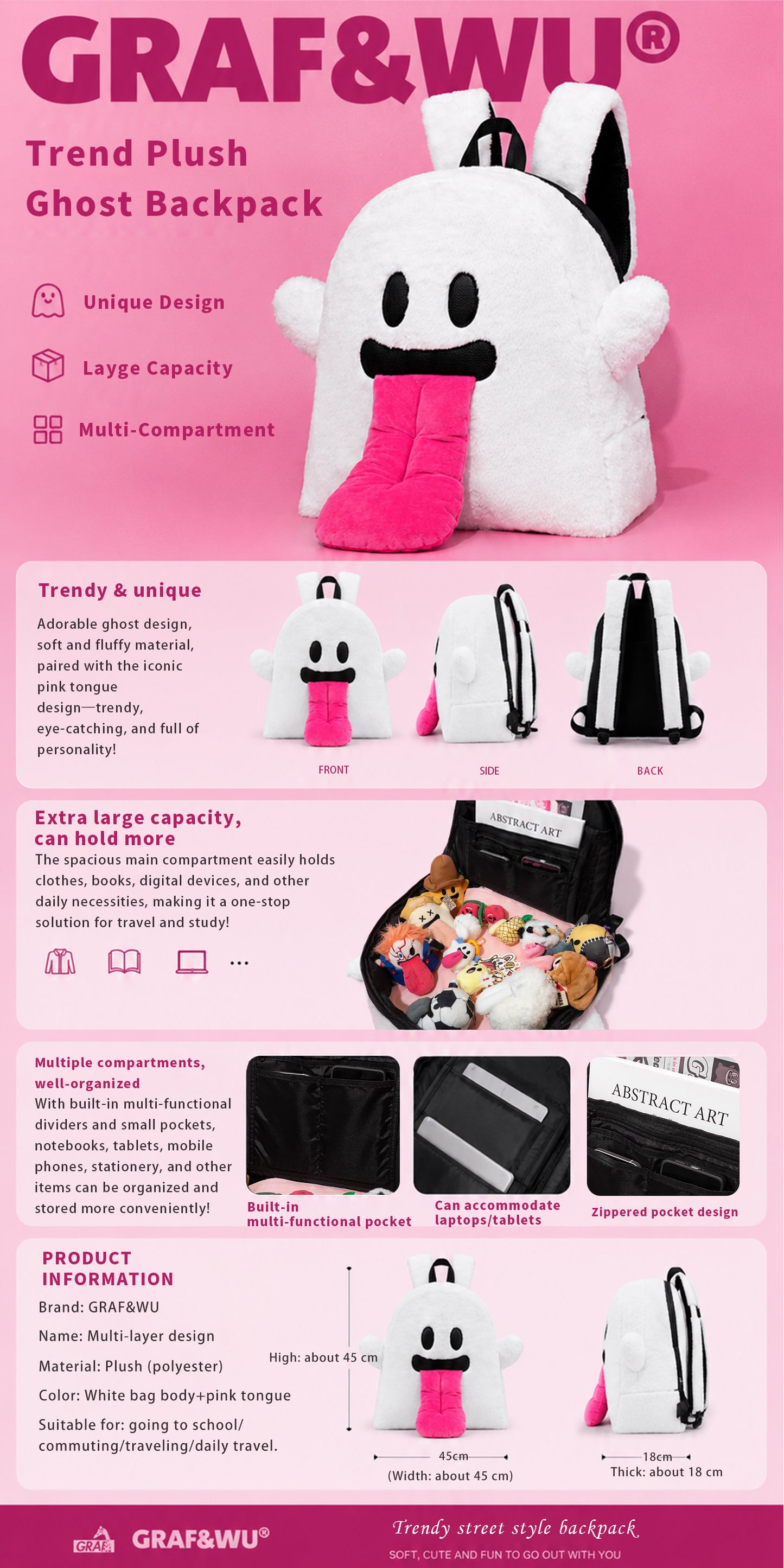 GRAF&WU Cute Ghost Plush Backpack 3D Tongue Cartoon Ghost Streetwear Bag Y2K Aesthetic