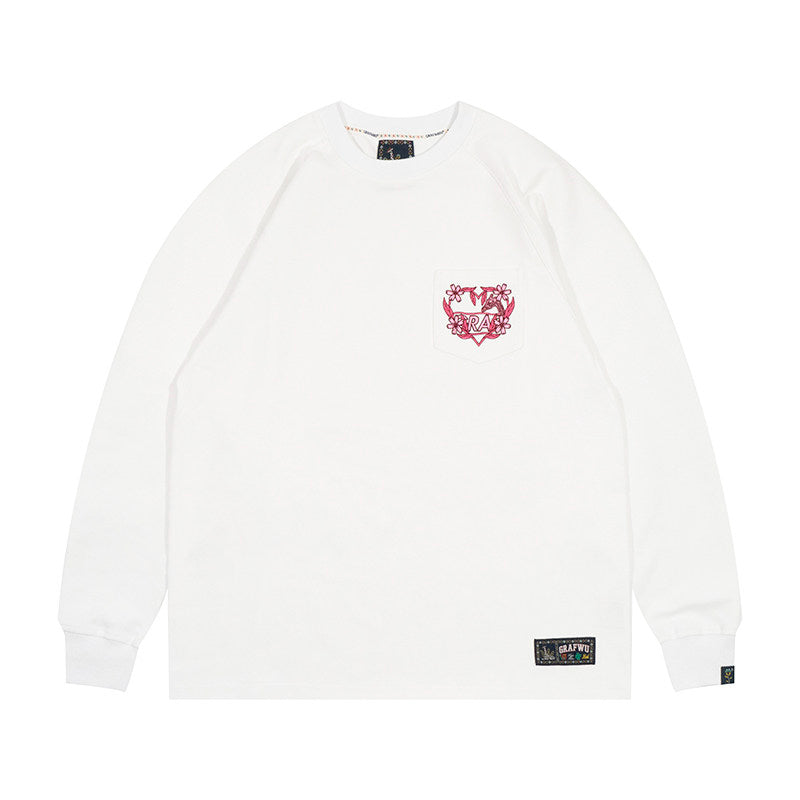 GRAF&WU Pocket Floral Heart Deer Embroidered Cotton Long-sleeved T-shirt