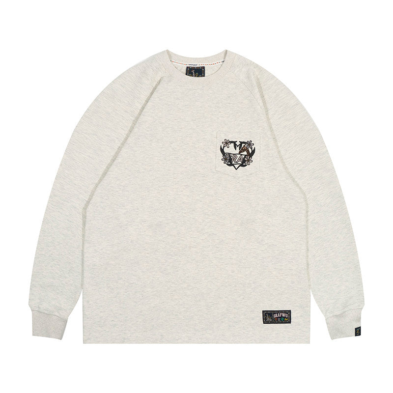 GRAF&WU Pocket Floral Heart Deer Embroidered Cotton Long-sleeved T-shirt