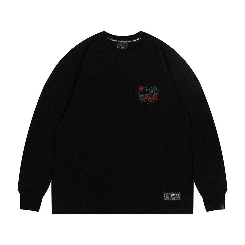 GRAF&WU Pocket Floral Heart Deer Embroidered Cotton Long-sleeved T-shirt