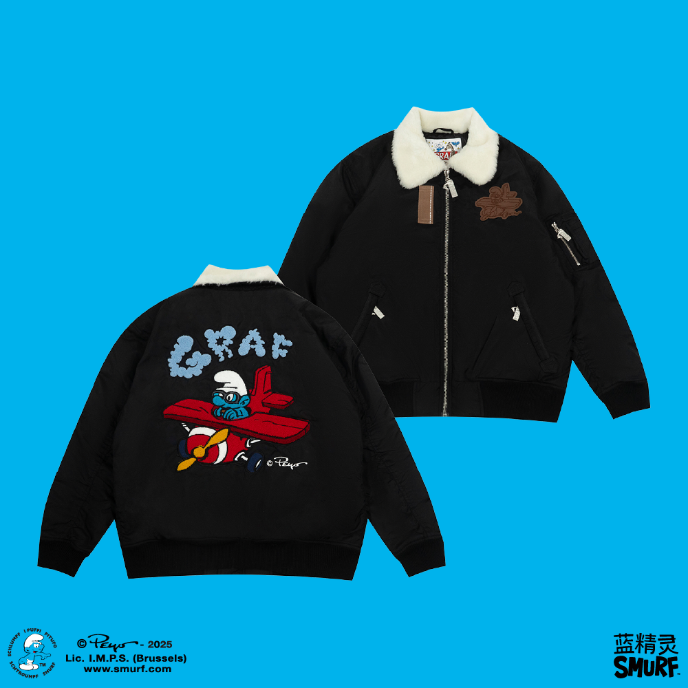 GRAF X SMURF Collaboration Fashion Fur Collar Thick Bomber Jacket