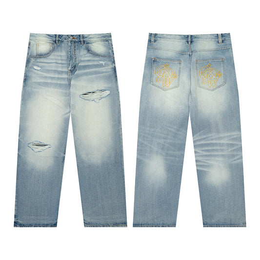 GRAF&WU Brand GW Letter Star Embroidered Washed Blue Ripped Jeans