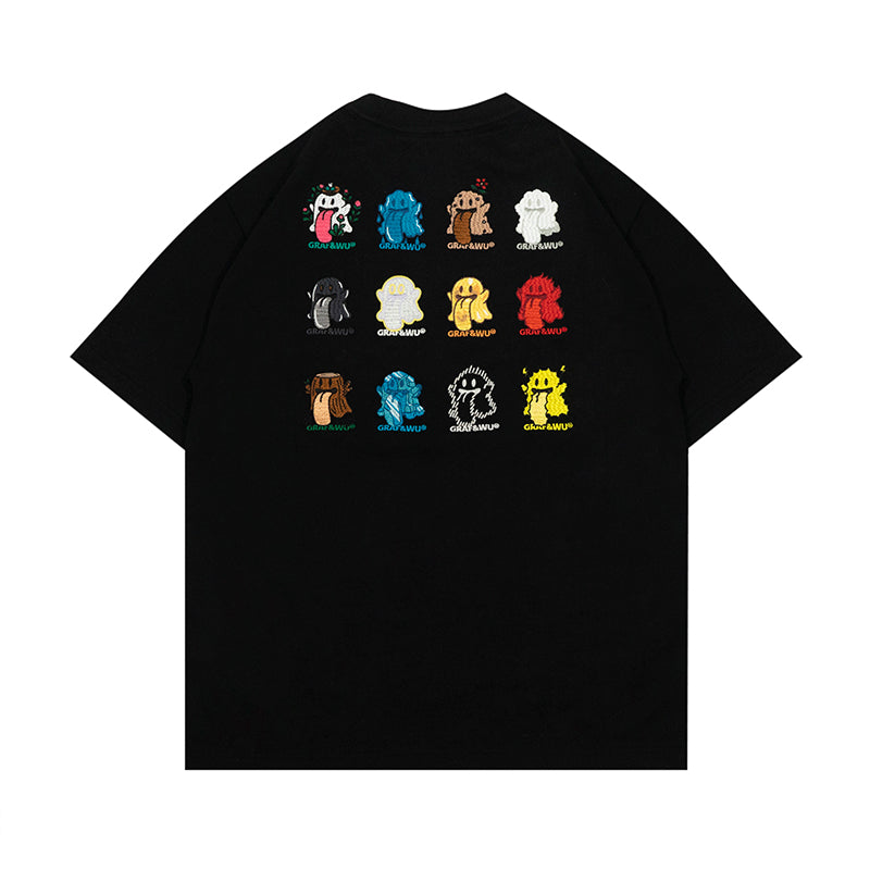 GRAF&WU T-Shirts 12 Natural Elements Cute Ghost Design T-Shirts Tai Chi Pattern Summer T-Shirt Embroidered Cotton Short Sleeve