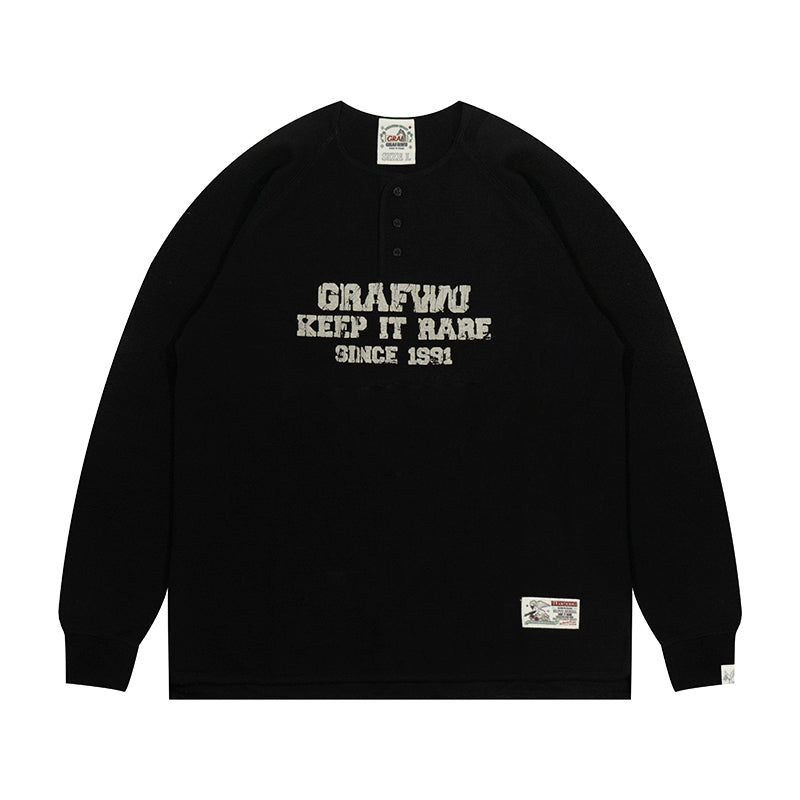 GRAF&WU Vintage Letter Cotton Henley Collar Long-sleeve Shirt