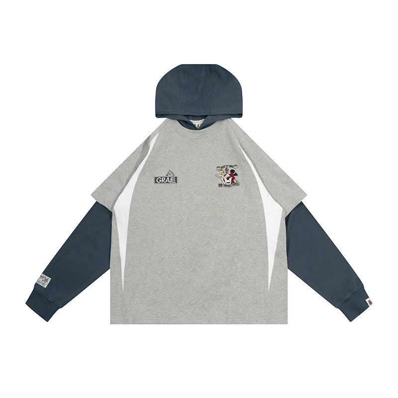 GRAF&WU Blokecore Floral Embroidery Thin Layered Look Jersey Hoodie