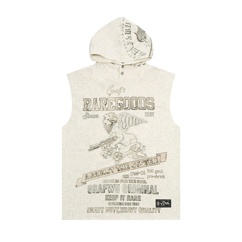 GRAF&WU Vintage Angel Graphic Sleeveless Hoodie | Streetwear Vest