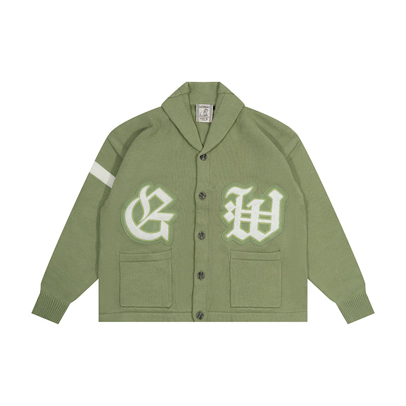GRAF&WU Embroidered Badge Vintage Shawl Collar Knitted Sweater