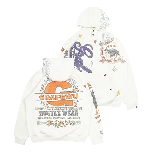 GRAF&WU Fallen Leaves Floral Letter Brass Button Fleece Hoodie