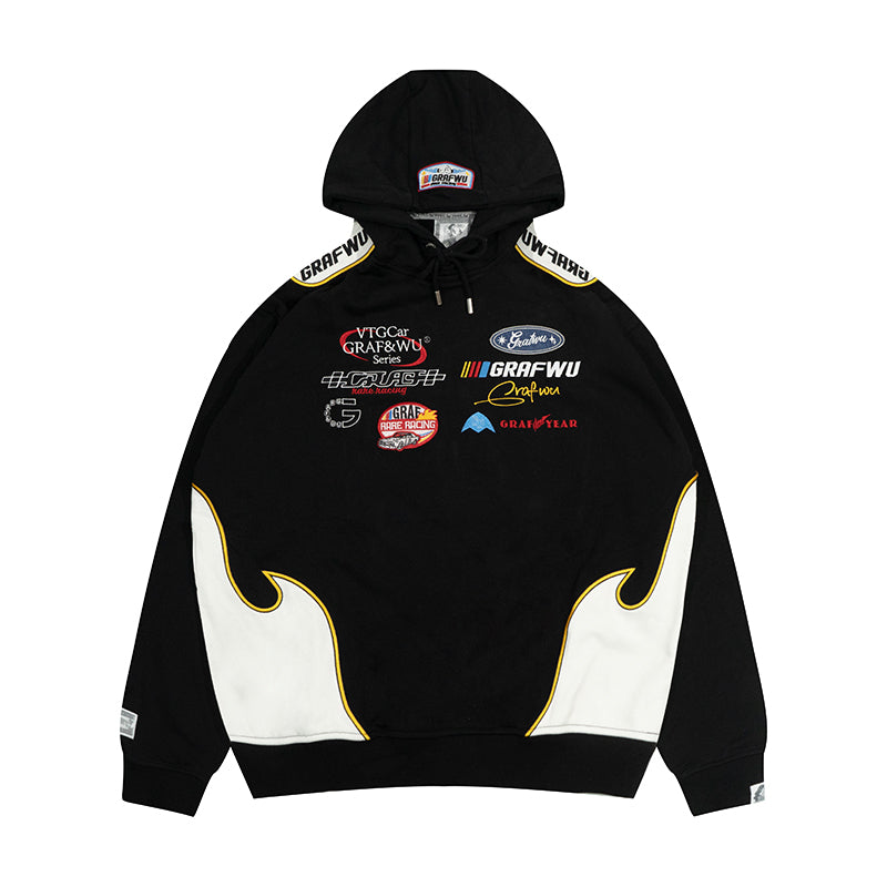 GRAF&WU Racing Gas Car Series Retro Multi-Logo Flame Design Hoodie