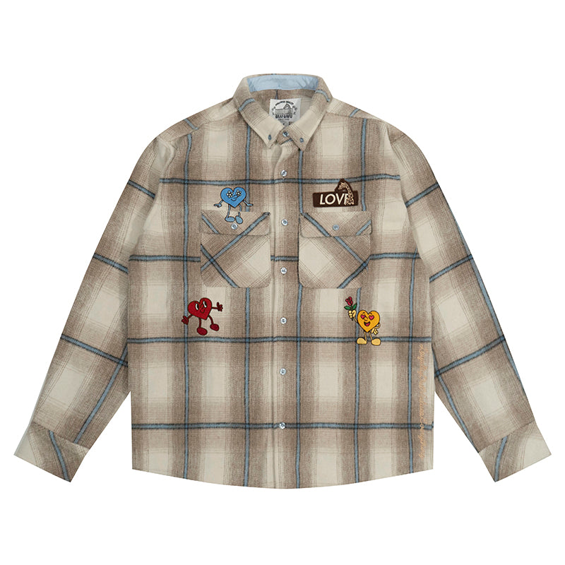 GRAF&WU Plaid 3 LOVE Heart Eembroidery Streetwear Brushed Shirt