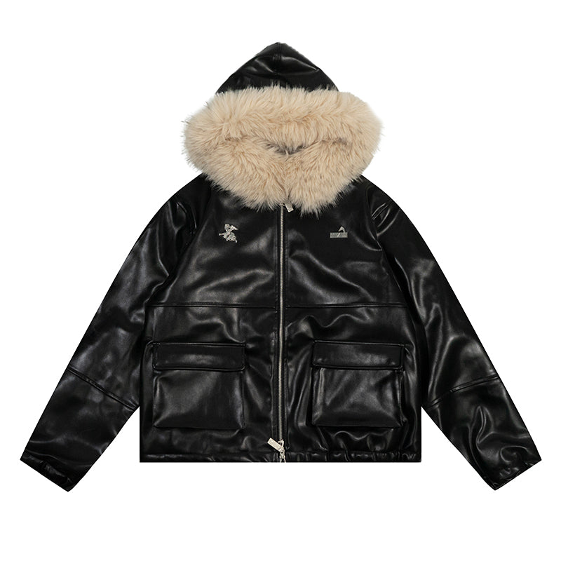 GRAF&WU Detachable Fur Collar PU Leather Metal Angel Deer Thick Jacket - Premium Winter Streetwear