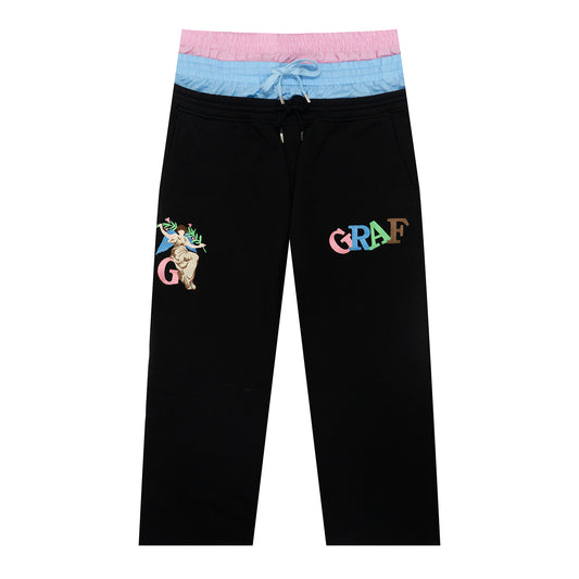 GRAF&WU Colorblock Waist Lucky Goddess Embroidery Oversized Sweatpants