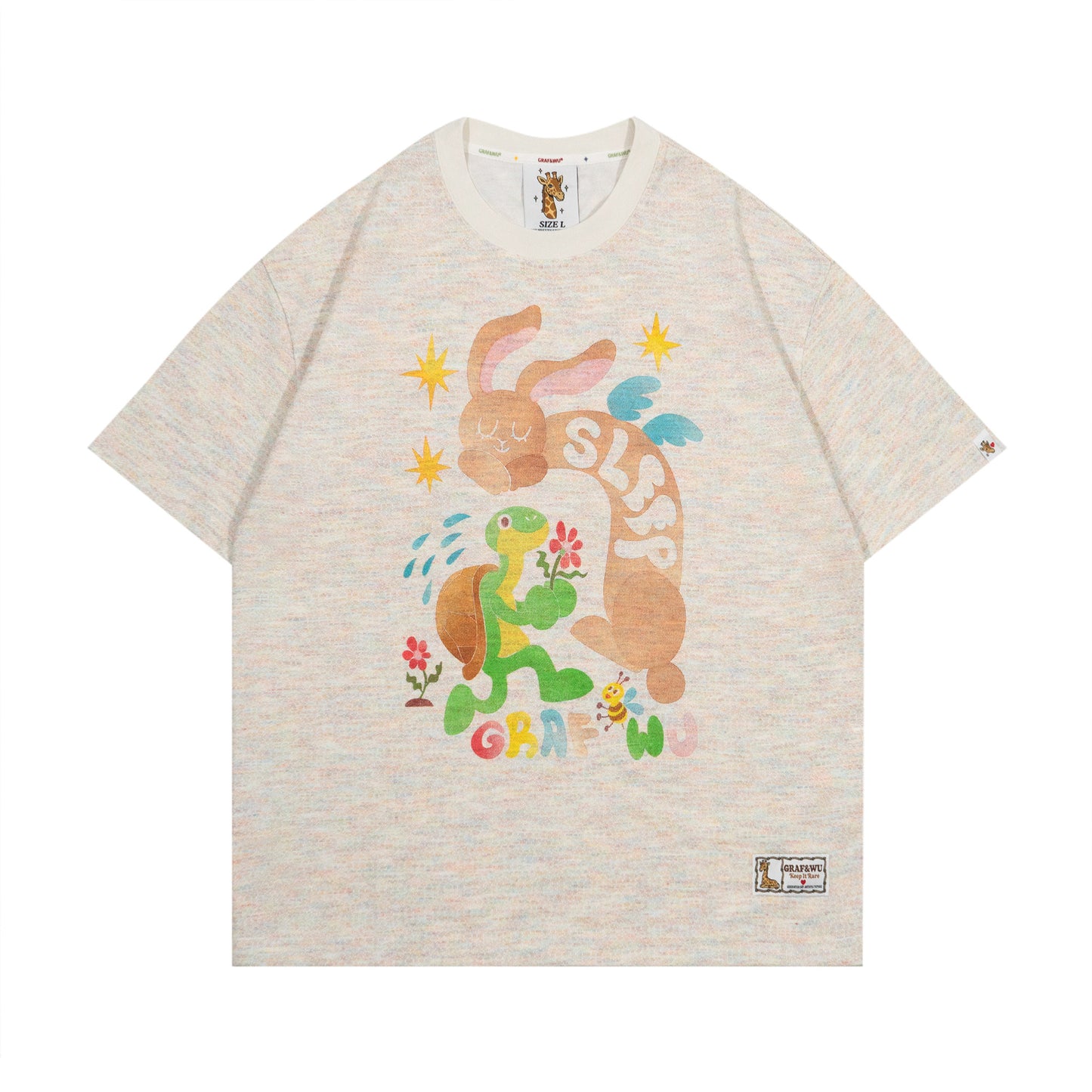 GRAF&WU【Giraffe Fable】Tortoise And Hare Race Star Print Street Ice Silk T-Shirt
