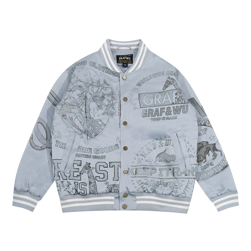 GRAF&WU Vintage Floral Giraffe Goddess Blessing Graphic Satin Thin Baseball Jacket