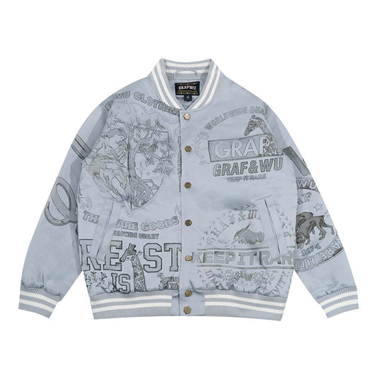 GRAF&WU Vintage Floral Giraffe Goddess Blessing Graphic Satin Thin Baseball Jacket