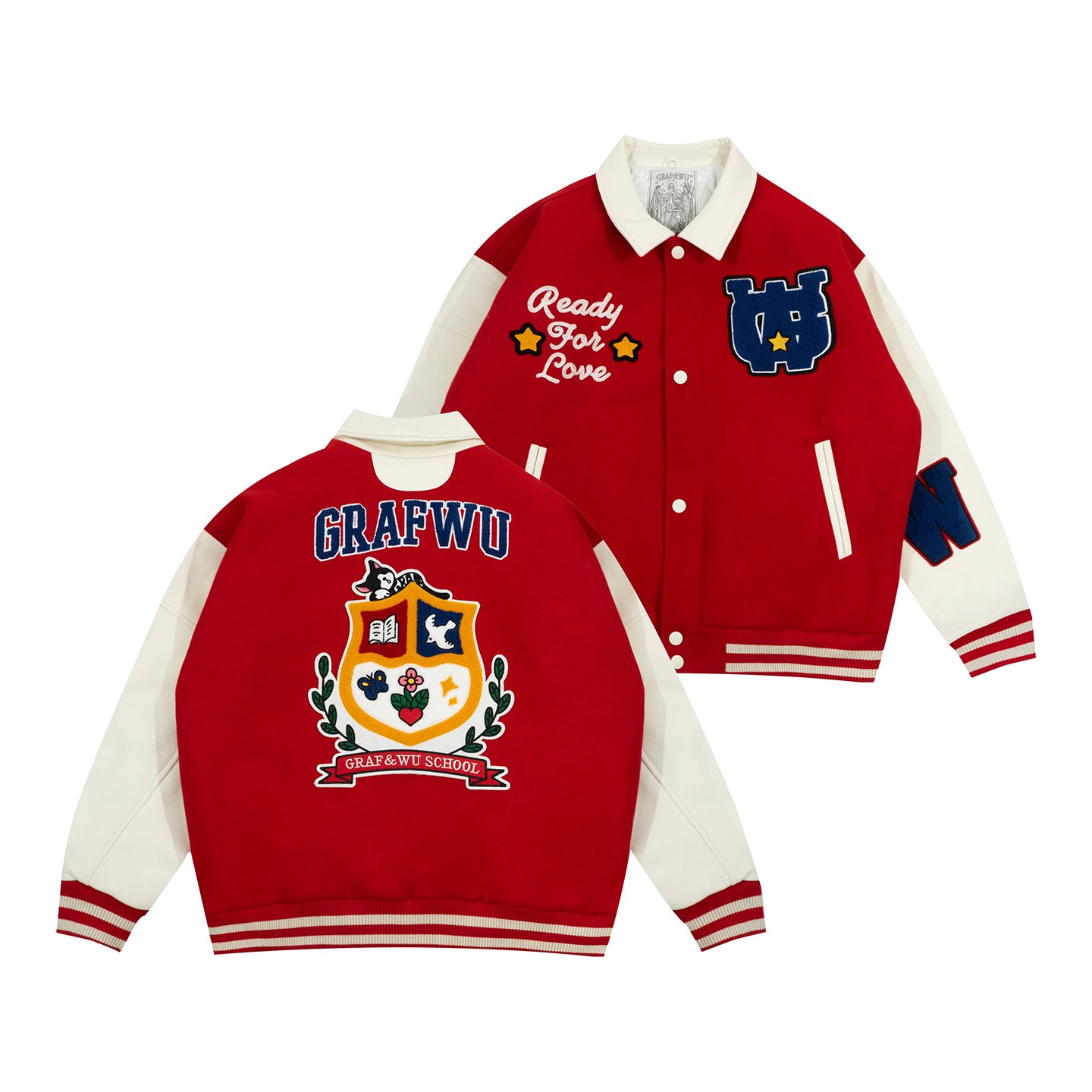 GRAF&WU Sleep Cow Cat Graphic University Leather Sleeve Varsity Jacket