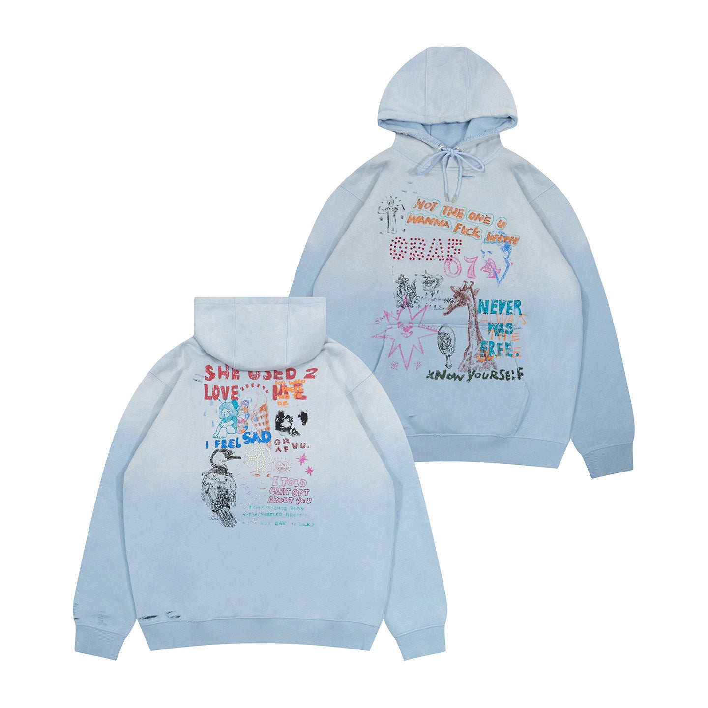GRAF&WU Graffiti Red Rhinestones Pearl Vintage Faded Distressed Hoodie