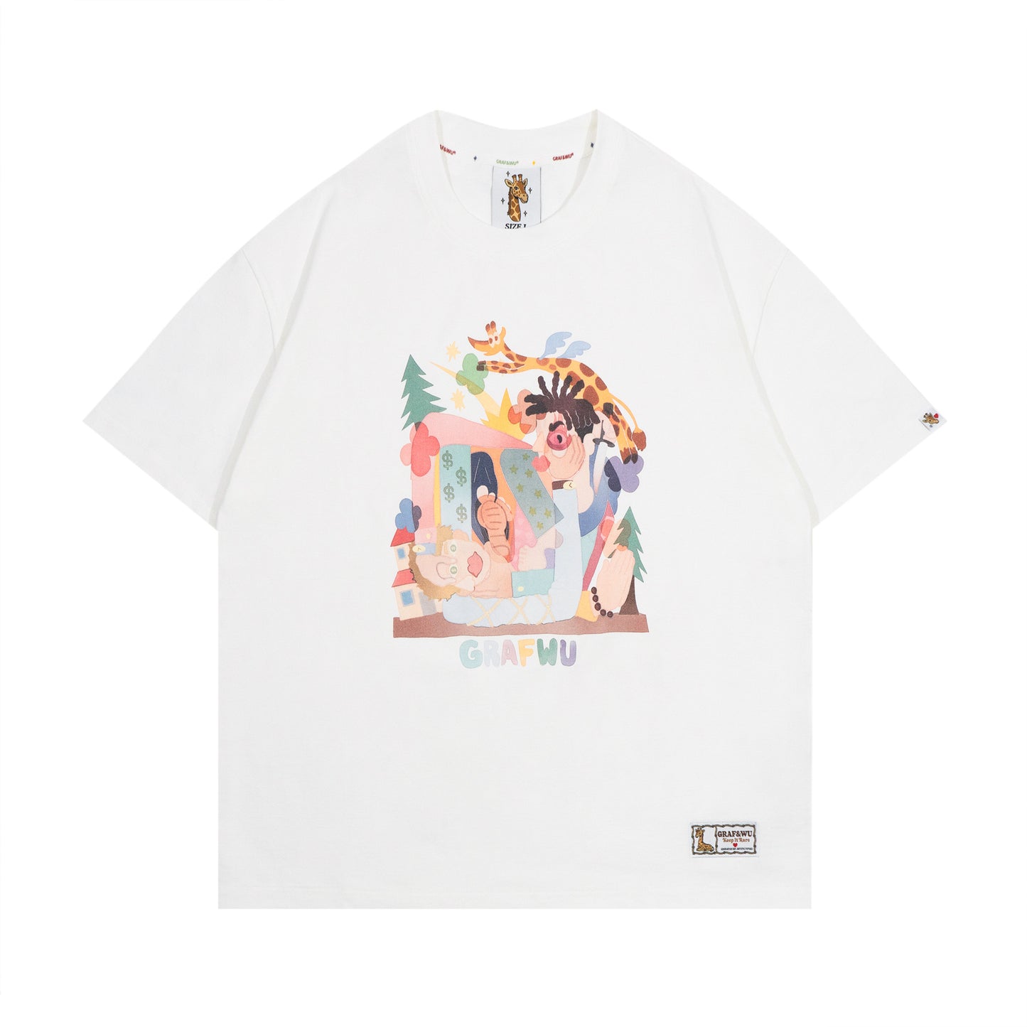 GRAF&WU Giraffe Fable Greed and Jealousy Abstract Streetwear Ice Silk Fabric T-Shirt