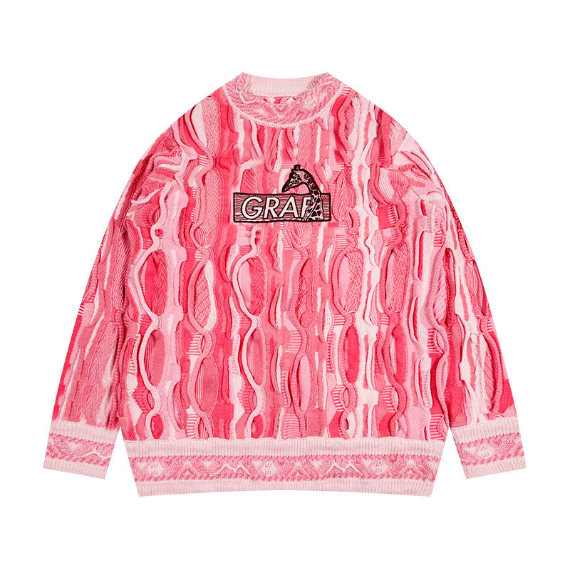 GRAF&WU Retro 3D Wave Pattern Street Art Knit Sweater