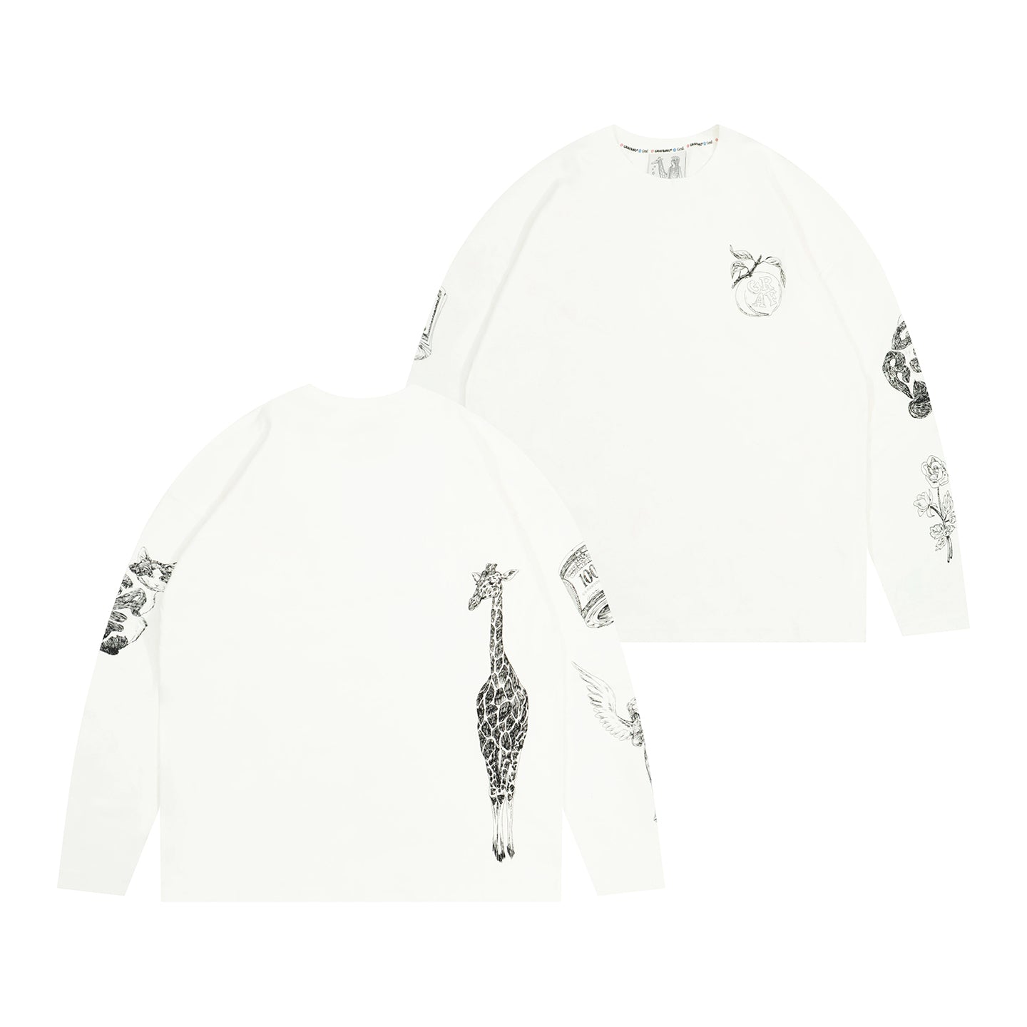 GRAF&WU Cat Giraffe Sketch Graphic Vintage Long Sleeves Shirt