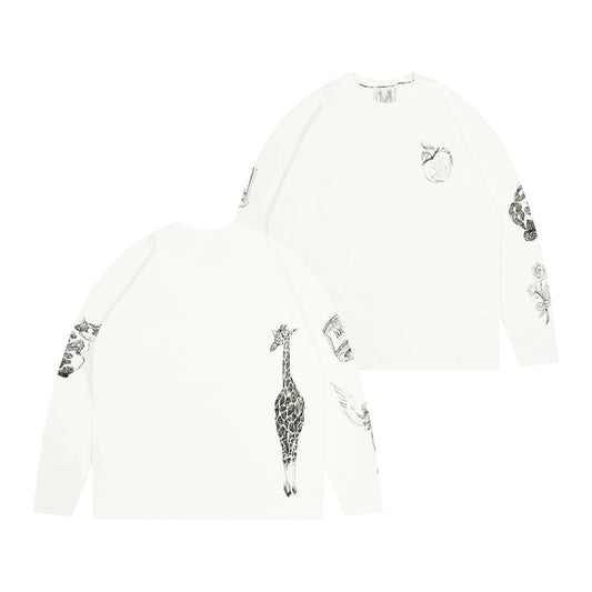 GRAF&WU Cat Giraffe Sketch Graphic Vintage Long Sleeves Shirt