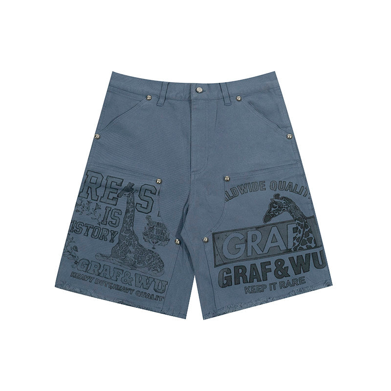 GRAF&WU Vintage Distressed Cargo Shorts | Giraffe Floral Canvas