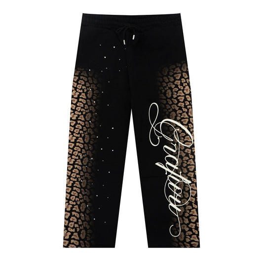 GRAF&WU Gradient Snow Leopard Print Rhinestone Fleece Sweatpants