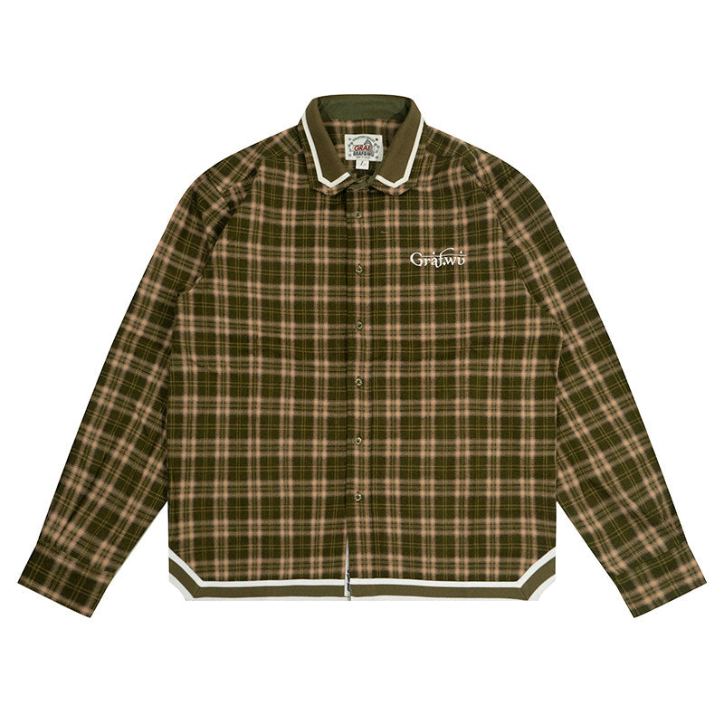 GRAF&WU Embroidered Plaid Button Up Shirt Ribbed Trim Oversized Streetwear