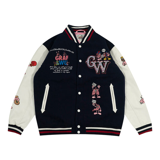 GRAF&WU Viscera Party Embroidery Leather Sleeved Woolen Retro Baseball Jacket
