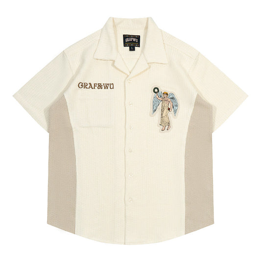 GRAF&WU Victory Angel Embroidered Patch Vacation Style Knitted T-Shirt
