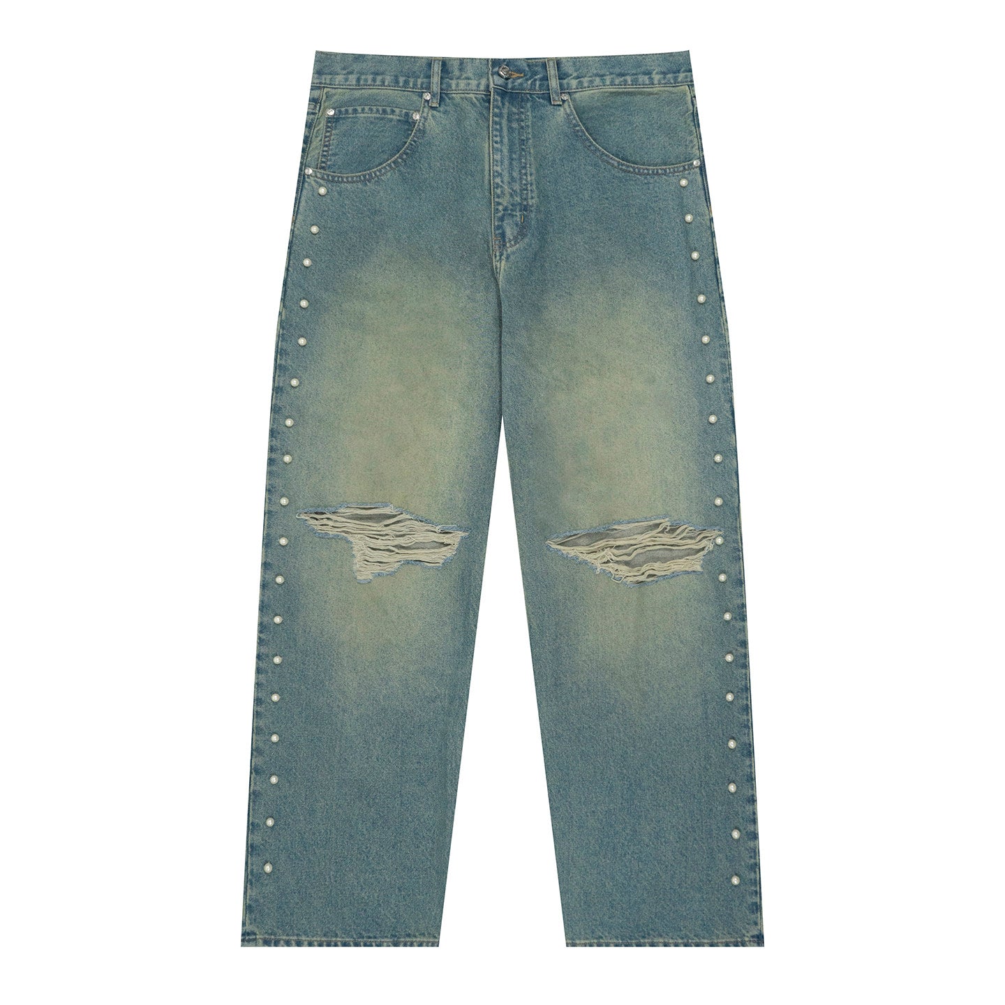 GRAF&WU Grunge Aesthetic Pearl Design Angel Devil Graphic Ripped Jeans