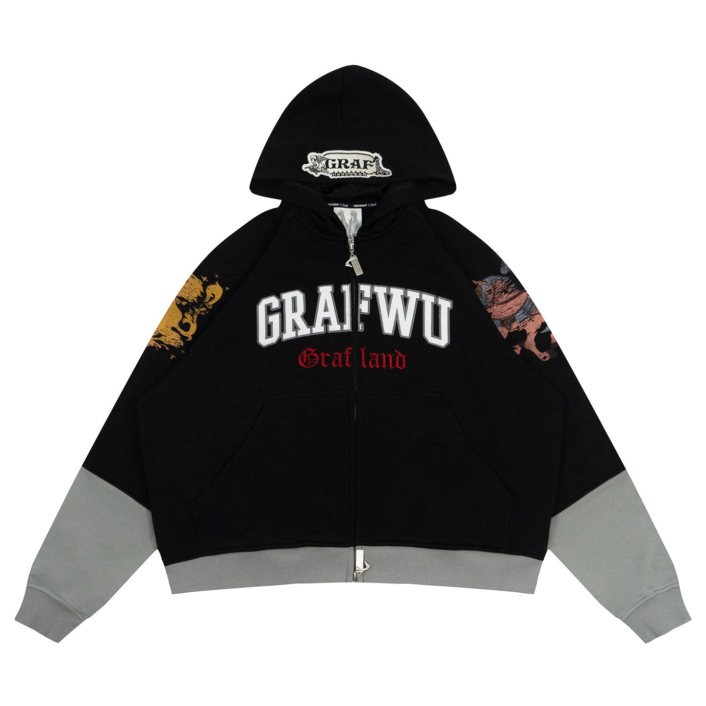 GRAF&WU Knight Print Oversized Streetwear Retro Zip Up Hoodie