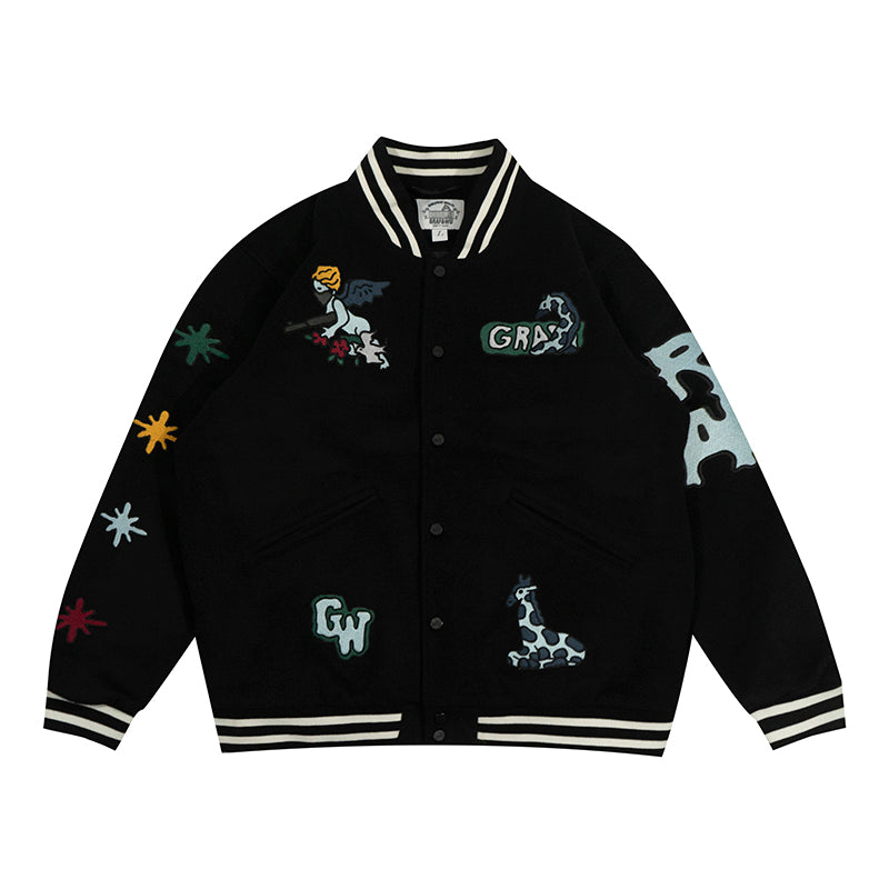 GRAF&WU Embroidered Angel Giraffe Thick Baseball Jacket