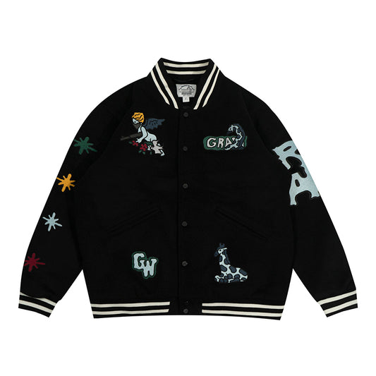 GRAF&WU Embroidered Angel Giraffe Thick Baseball Jacket