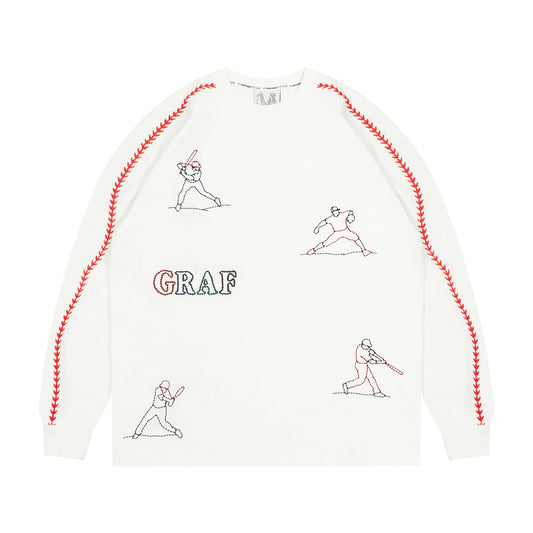 GRAF&WU Baseball Stitch Player Graphic Oversized Long Sleeve Shirt