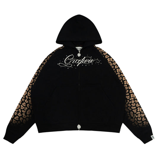 GRAF&WU Gradient Snow Leopard Print Rhinestone Zip-up Hoodie