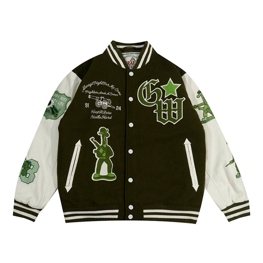 GRAF&WU Soldier Deer Woolen Leather-sleeved Baseball Jacket