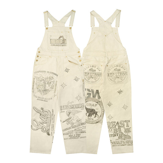 GRAF&WU Vintage Distressed Floral Giraffe Goddess Blessing Barn Canvas Overalls