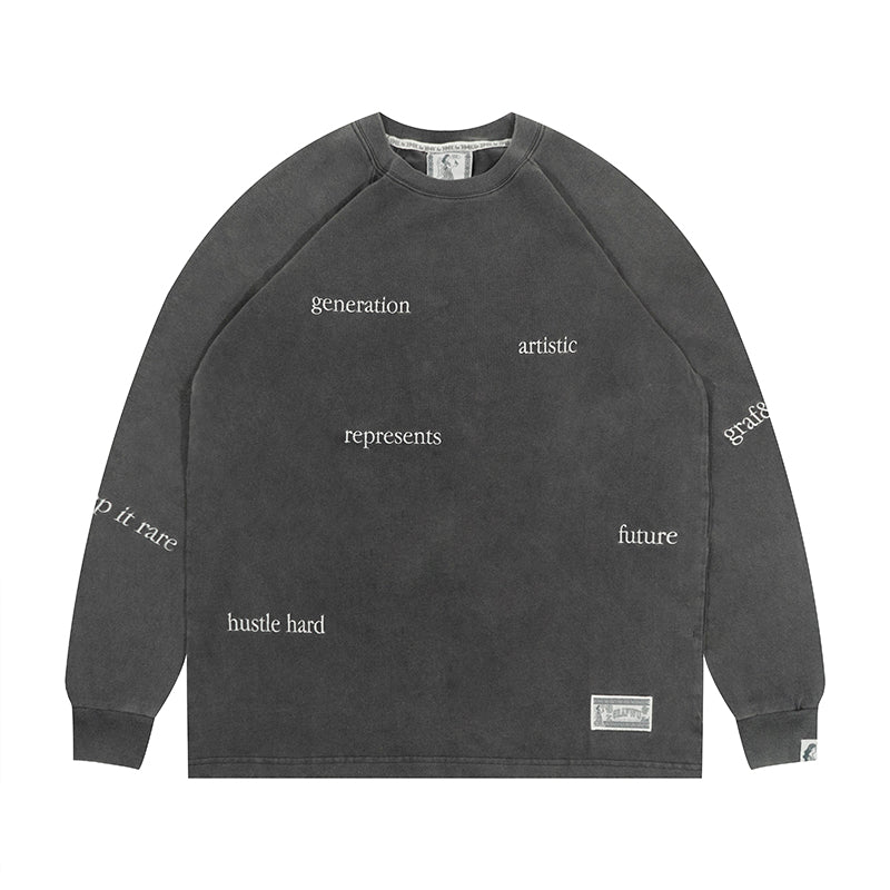GRAF&WU Keep It Rare Hustle Hard Slogan Vintage Long-sleeve Shirt