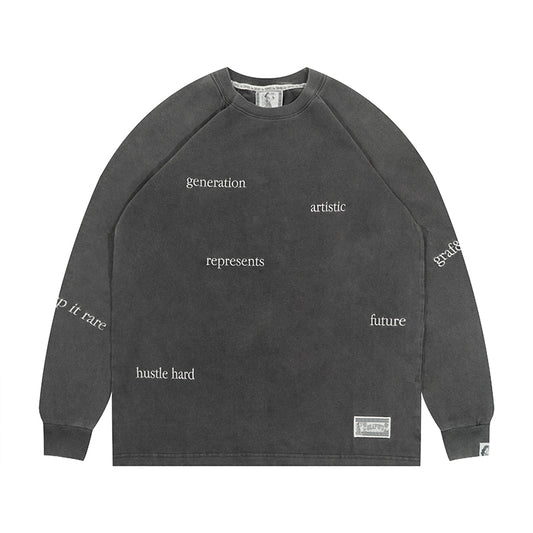 GRAF&WU Keep It Rare Hustle Hard Slogan Vintage Long-sleeve Shirt